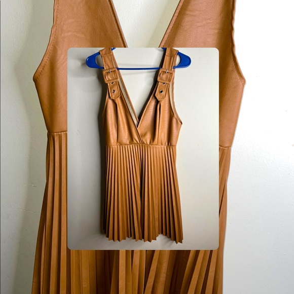 Camel Faux Leather Buckle Detail Pleated Dress - Picture 1 of 6